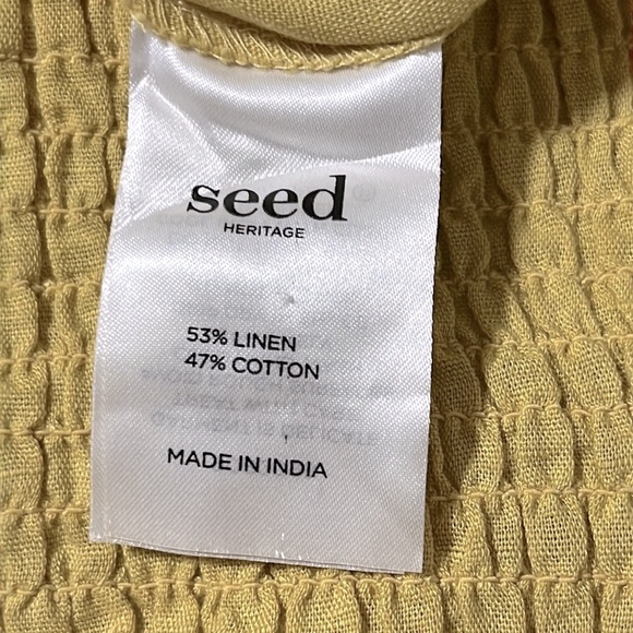 SEED HERITAGE Linen Cotton Puff Sleeve Yellow Pretty Shirred Top Blouse - Picture 6 of 8